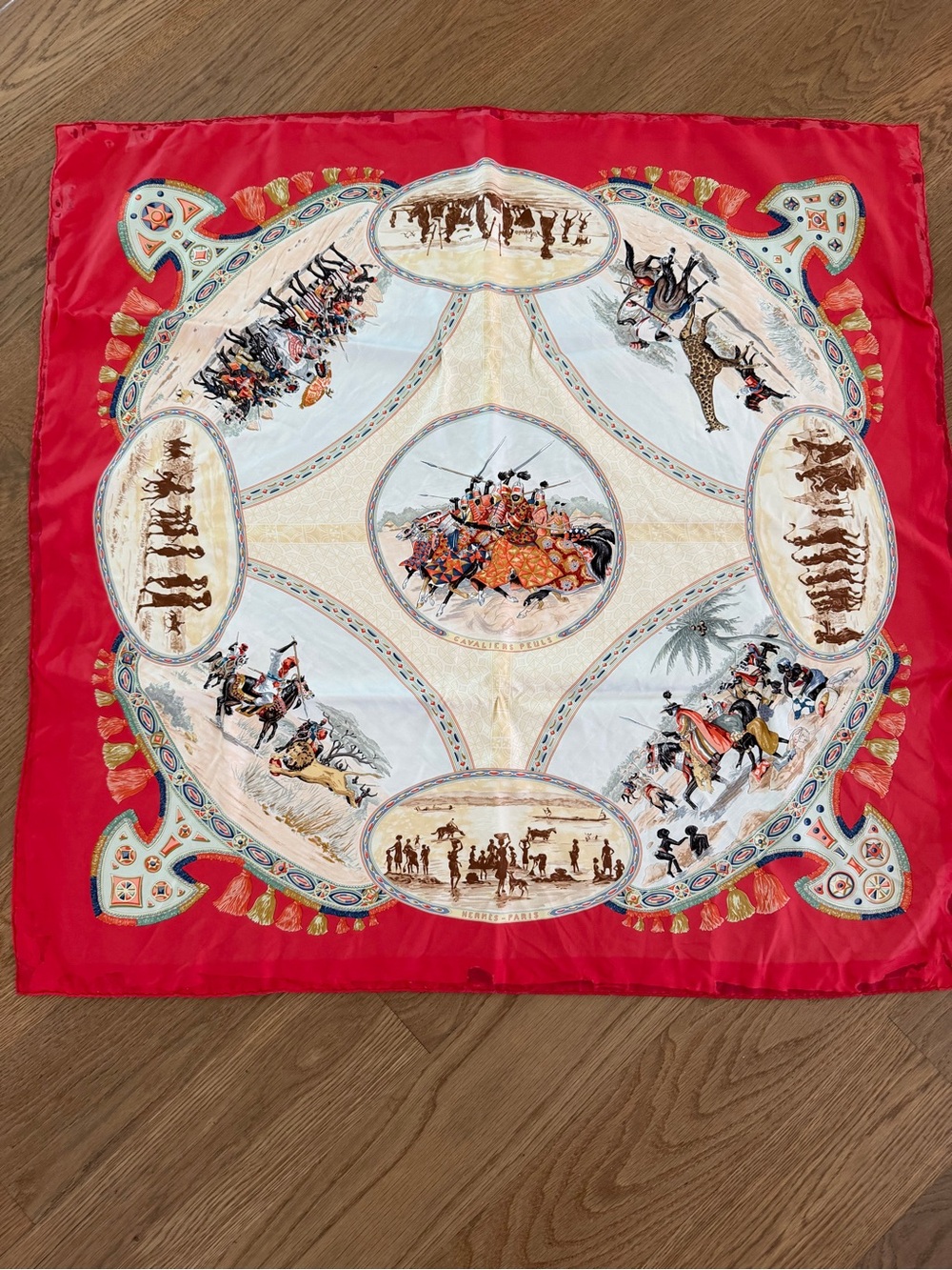 Hermes Cavaliers Peuls Silk Scarf Red Multi-Color 90cm